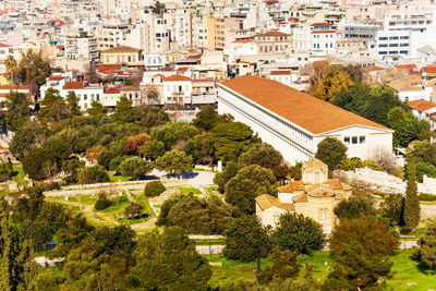 High angle view of buildings in town