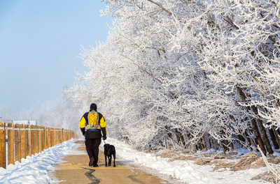 Rear view of man with dog walking on snow covered road