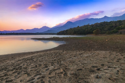 Scenic view of beach against sky during sunset