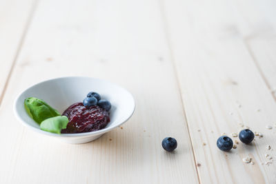 High angle view of fruits in bowl on table