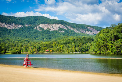 Scenic view of lake and mountains against sky