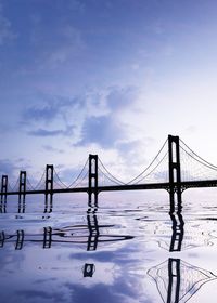 View of suspension bridge against cloudy sky