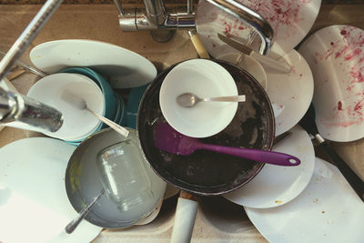 High angle view of eggs in plate on table