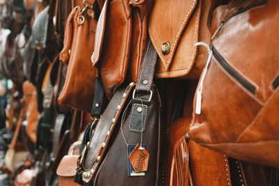 Close-up of leather for sale in market