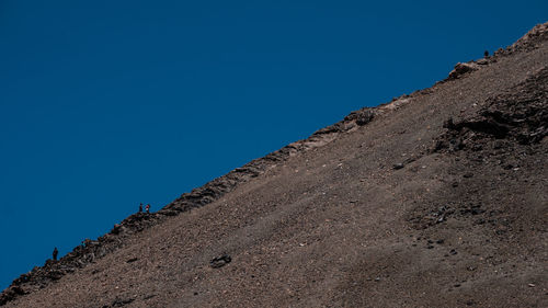 Low angle view of desert against clear blue sky