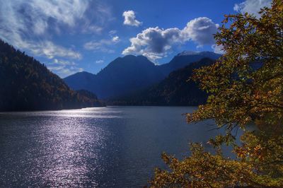 Scenic view of lake and mountains against sky