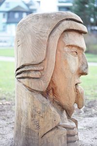 Close-up of wooden statue in park