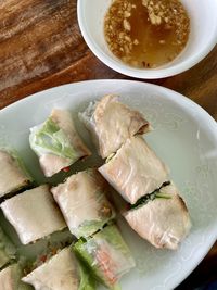 High angle view of food in plate on table