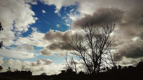 Low angle view of bare trees against cloudy sky