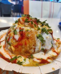 Close-up of pizza served in plate