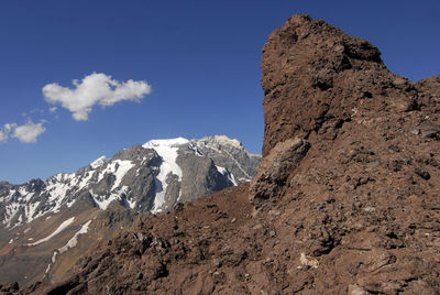 Low angle view of snowcapped mountain against blue sky