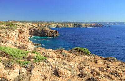 Scenic view of sea against clear blue sky