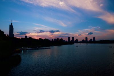 Scenic view of river by buildings against sky during sunset