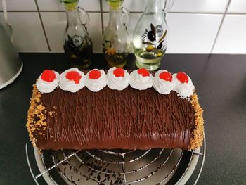 Close-up of cake served on table
