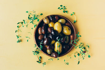 High angle view of fruits in plate on table