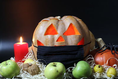 Close-up of lit candles on black background