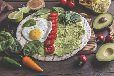 Directly above shot of breakfast served on table