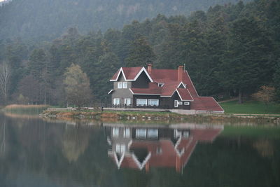 Scenic view of lake with trees in background