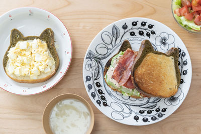 High angle view of breakfast served on table