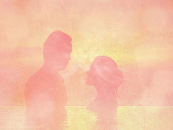 Digital composite image of silhouette friends standing against wall
