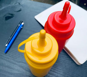 High angle view of multi colored pencils on table