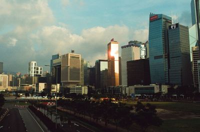 Panoramic view of modern buildings against sky in city