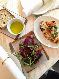 High angle view of meal served on table