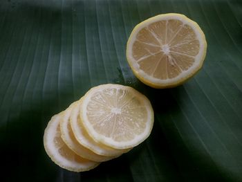 High angle view of lemon slice on table