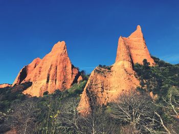 Rock formations on landscape against clear blue sky