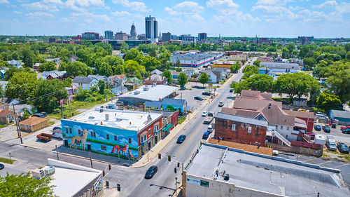 High angle view of buildings in city