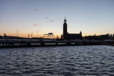 View of city at waterfront during sunset