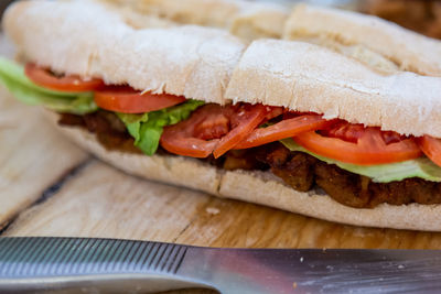 Close-up of burger on table