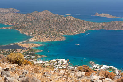 High angle view of bay against sky