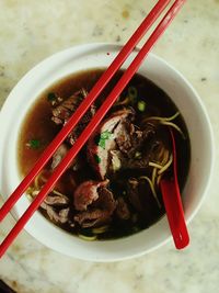 High angle view of soup in bowl