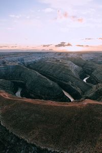 High angle view of canyon against sky during sunset
