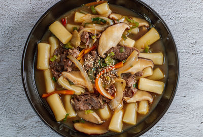 High angle view of food in bowl on table