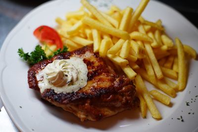 High angle view of food served in plate