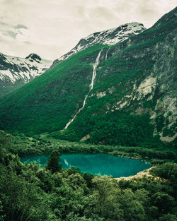 Scenic view of lake and mountains against sky