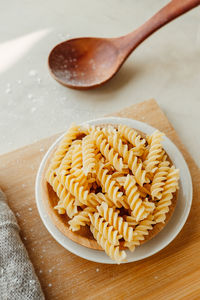 High angle view of pasta in plate on table