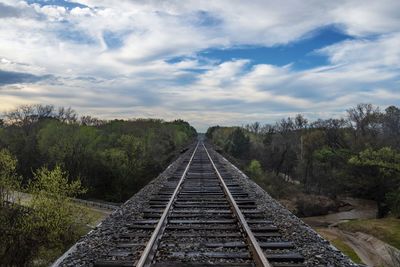 Railroad tracks along trees and plants against sky