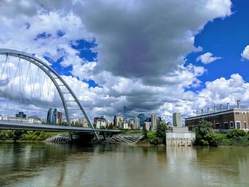 Bridge over river in city against sky