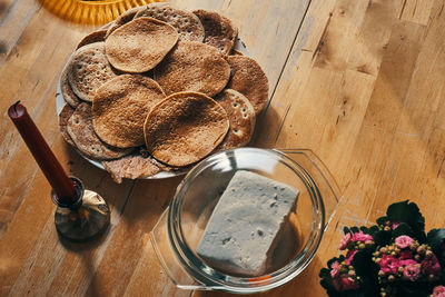 High angle view of bread on table