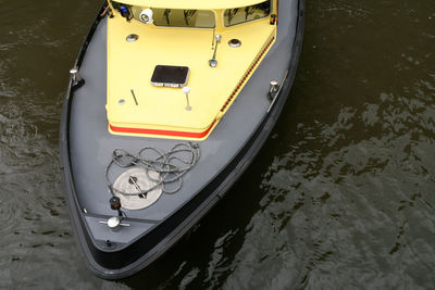 High angle view of ship moored in water