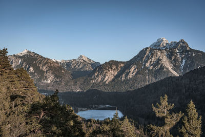 Scenic view of lake and mountains against clear sky