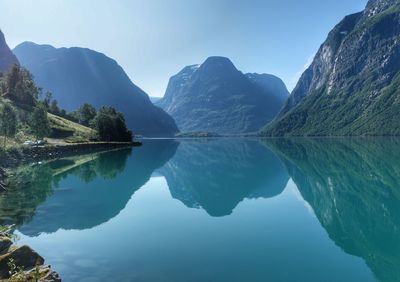 Scenic view of lake and mountains against sky