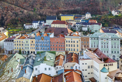 High angle view of buildings in city