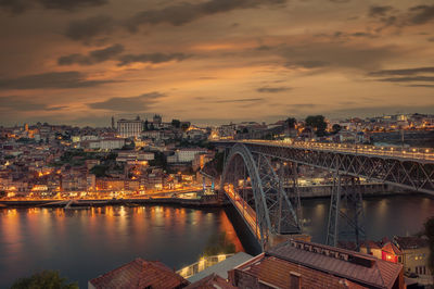 Porto at dusk, view across the rio douro and the ponte luis i bridge.