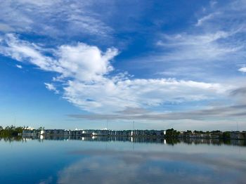 Scenic view of lake by building against blue sky