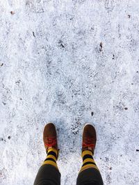 Low section of person standing on snow covered field