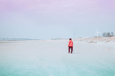 Rear view of man standing on shore against sky